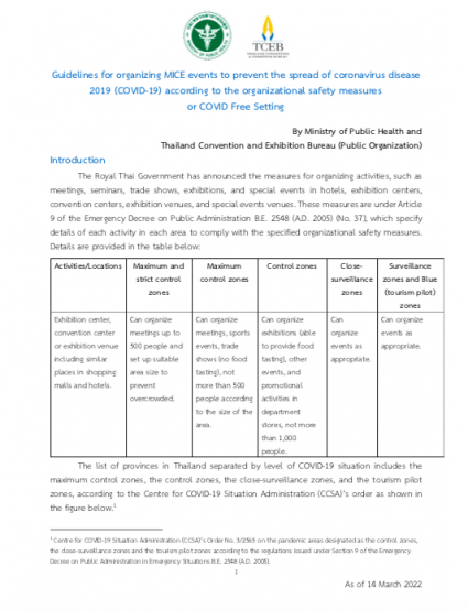 Guidelines for organizing MICE events to prevent the spread of coronavirus disease 2019 (COVID-19) according to the organizational safety measures or COVID Free Setting on 14 March 2022